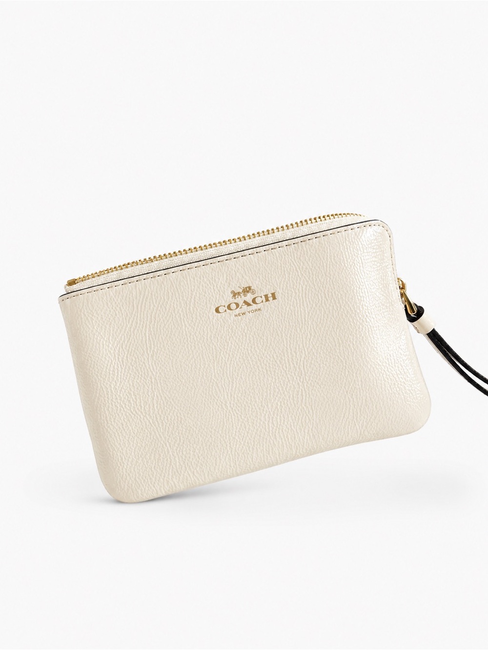 COACH Cream Leather Zip Wristlet with Black Strap